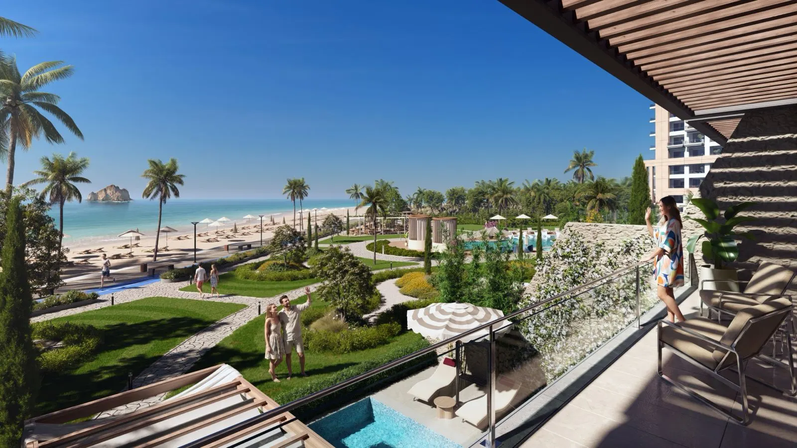Private balcony at Oceana overlooking the beach and Snoopy Island rock