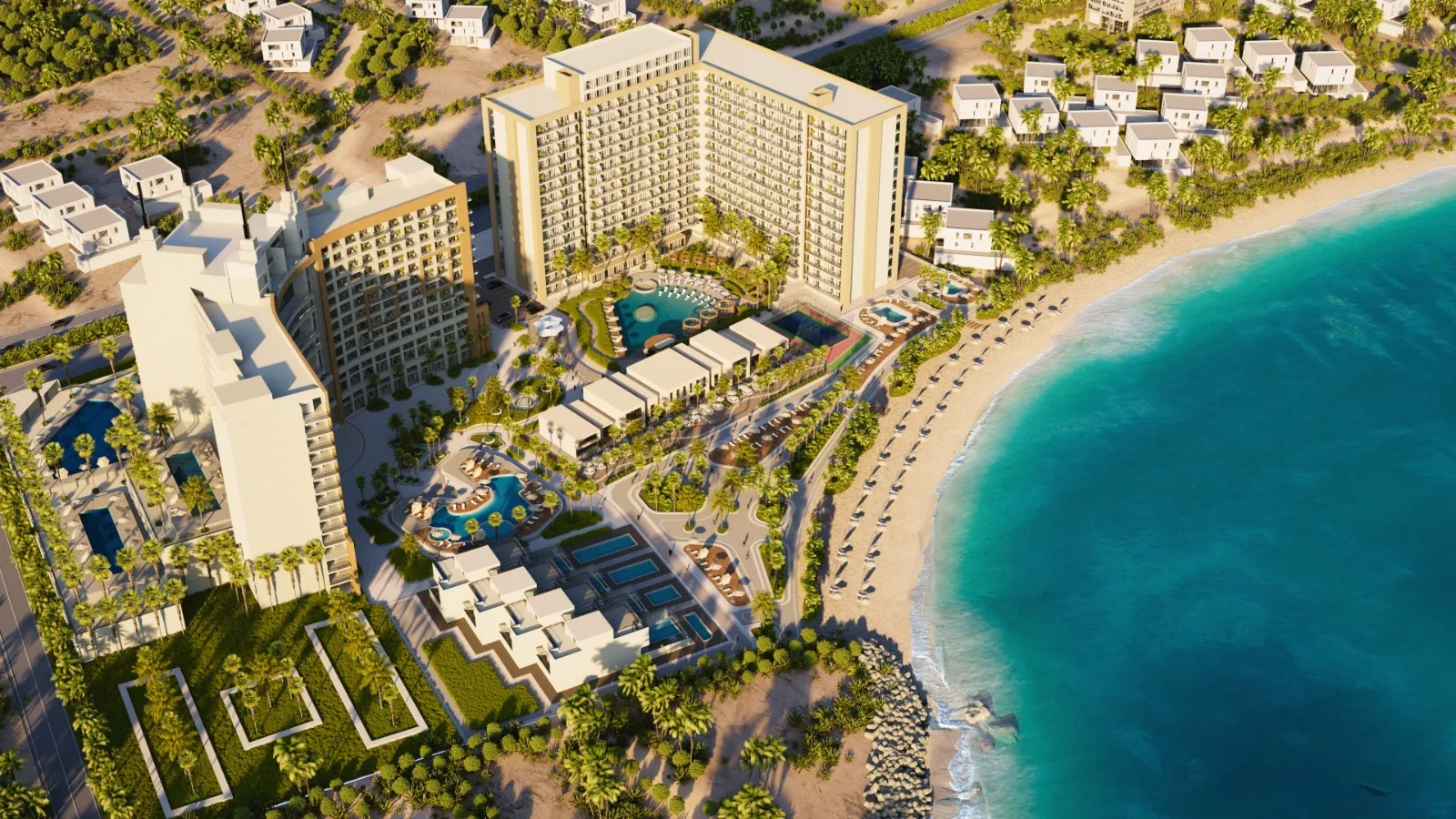 Aerial view of Oceana's beachfront towers, pools, and beach club