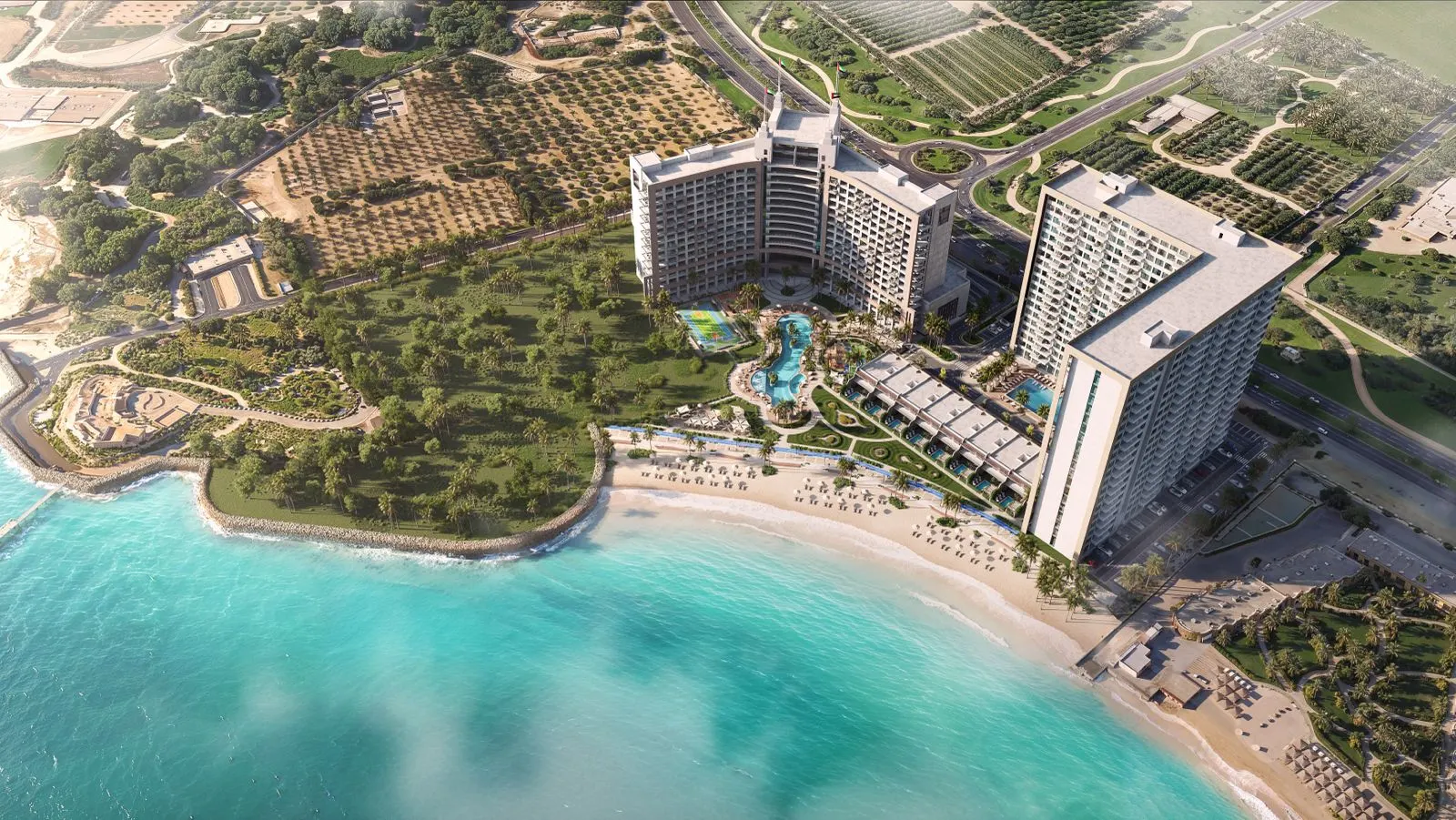 Wider aerial view of Oceana within its coastal surroundings near Fujairah
