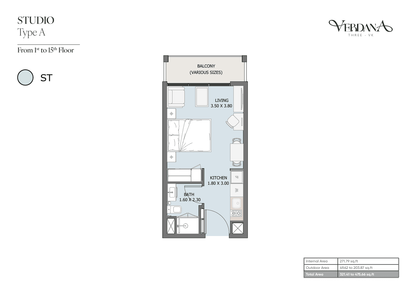 Floor plan for Studio Type A (1st to 15th floor): matches unit VOR1336