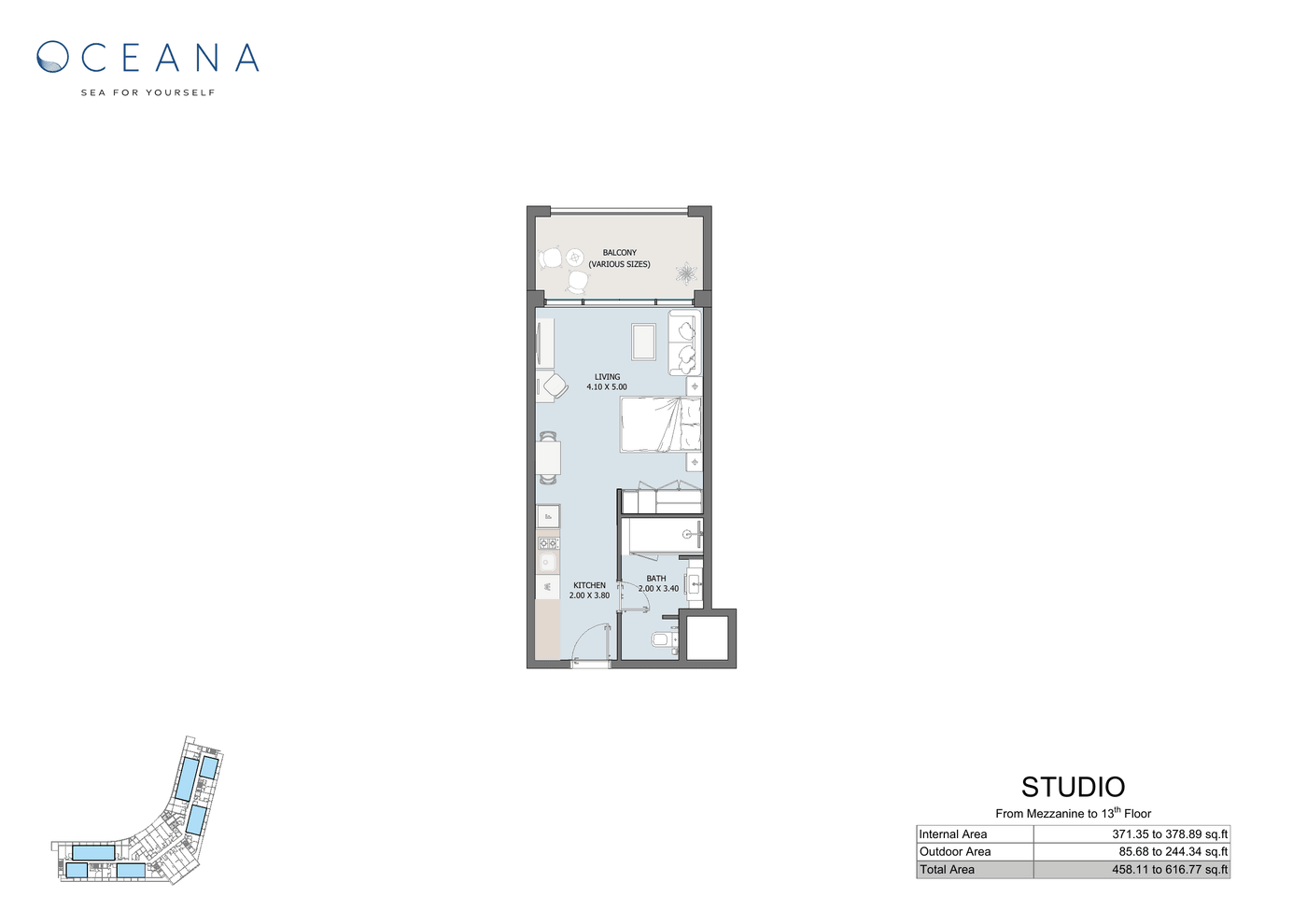 Floor plan for the Studio unit type (Mezzanine to 13th floor): matches unit FJA302