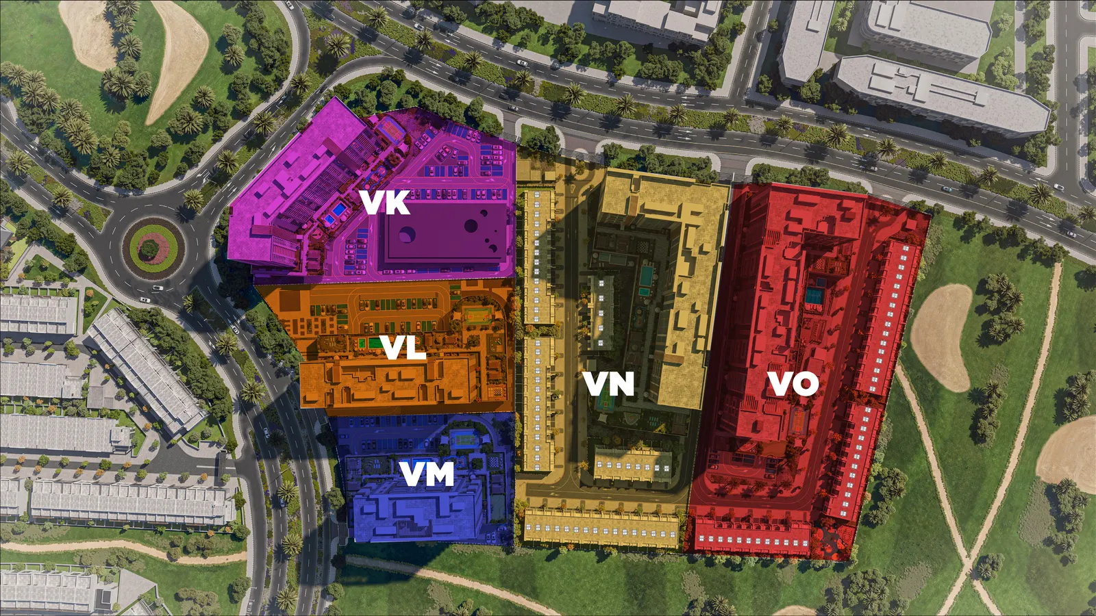 Master site plan labelling Verdana 3's blocks VK, VL, VM, VN, and VO